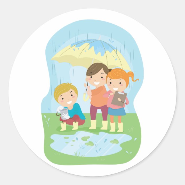 Sticker Rond Kids Science Nature Study in Rain (Devant)