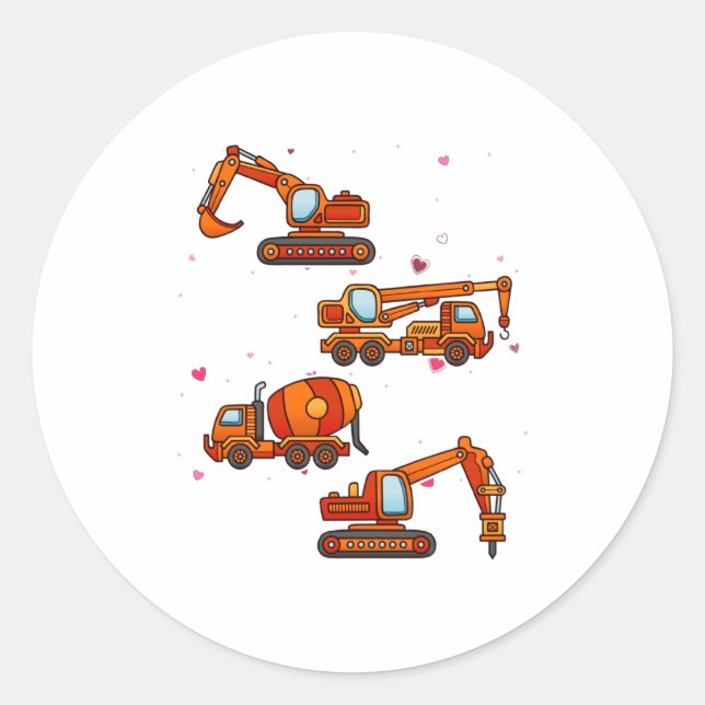 Sticker Rond Kids Valentines Day Construction Trucks Boys Kids  (Devant)