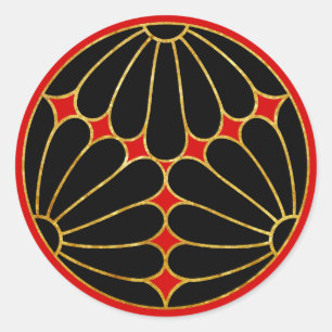 Sticker Rond Kiku Chrysanthemum Mon faux or noir sur rouge