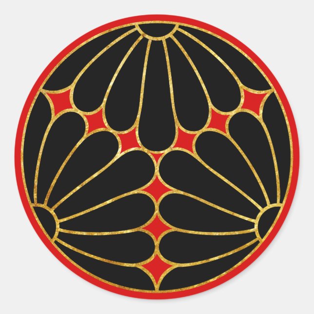 Sticker Rond Kiku Chrysanthemum Mon faux or noir sur rouge (Devant)