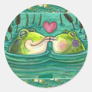 STICKER ROND KISSING FROGS COLORÉ & CUTE POND ROMANCE, AMUSANT