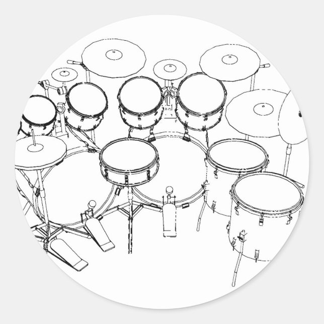 Sticker Rond Kit de batterie 10 pièces : Dessin noir et blanc : (Devant)