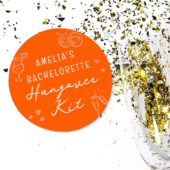 Sticker Rond Kit de guérison de lendemain de fête de bacheloret (Pink and red girly sketch illustrations bachelorette weekend party hangover kit stickers.)