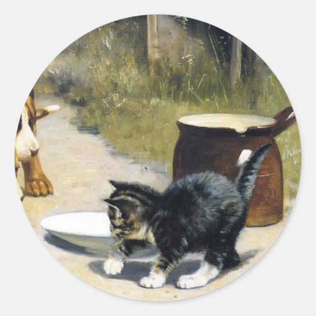 Sticker Rond Kitten avec 2 chiots peinture vintage (Devant)