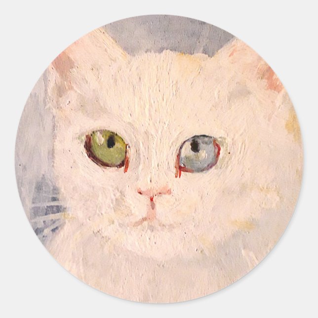 Sticker Rond Kitten blanc avec oeil bleu et oeil vert classique (Devant)