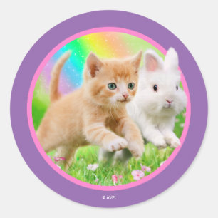 Sticker Rond Kitten & Bunny avec arc-en-ciel