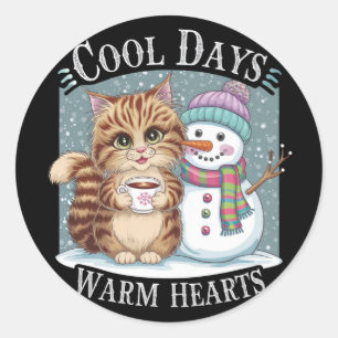 Sticker Rond Kitten Cat and Snowman Friends Share Coffee Winter