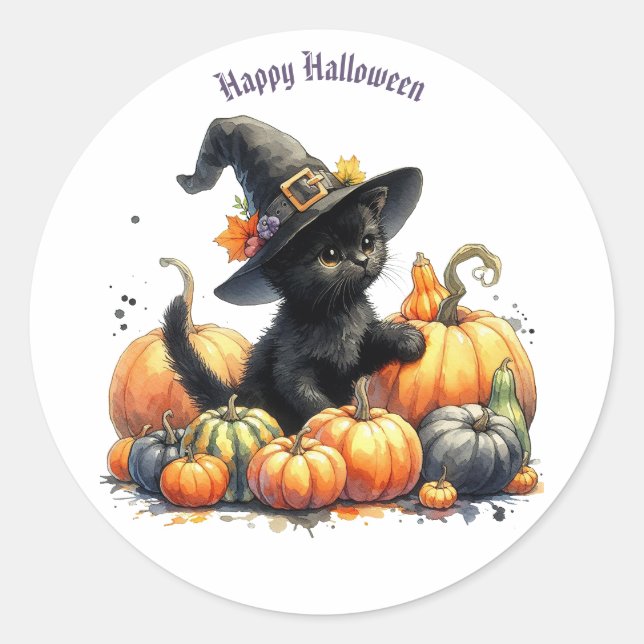 Sticker Rond Kitten d'Halloween noir avec Citrouilles et Casque (Devant)