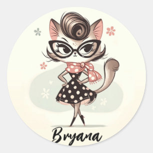 Sticker Rond Kitten Féminin Rétro Vintage Avec Lunettes de Chat