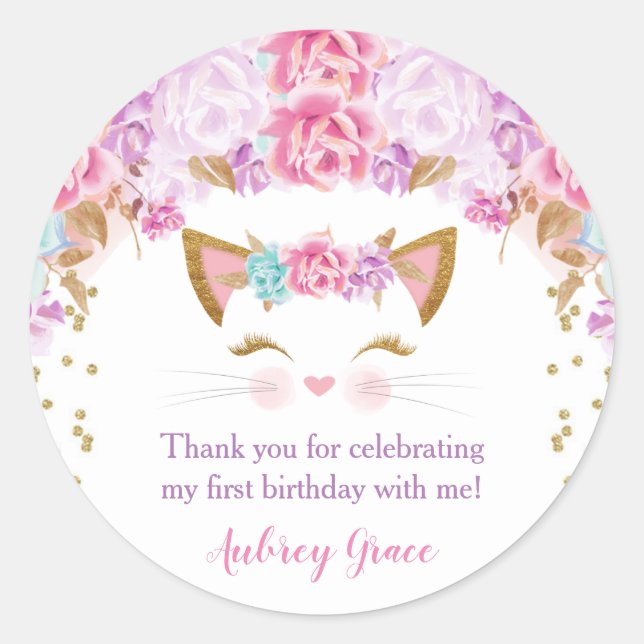 Sticker Rond Kitten kitty chat floral rose violet turquoise (Devant)