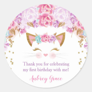 Sticker Rond Kitten kitty chat floral rose violet turquoise