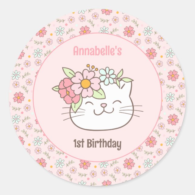 Sticker Rond Kitten Kitty Cute Chat Rose Girl 1er anniversaire (Devant)
