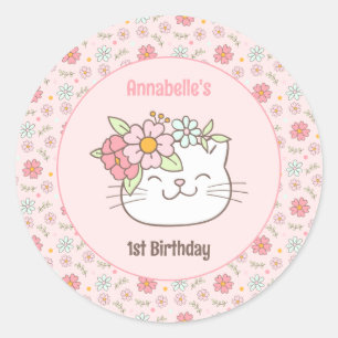 Sticker Rond Kitten Kitty Cute Chat Rose Girl 1er anniversaire