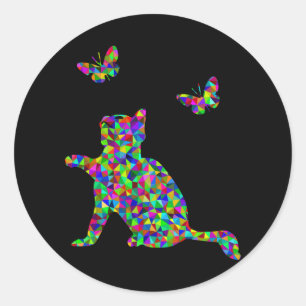 Sticker Rond Kitten Prismatic Jouer avec des papillons