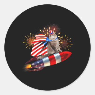 Sticker Rond Kitty Chat 4 juillet Roquette Avec Fireworks Usa P