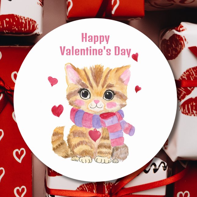 Sticker Rond Kitty de la Saint-Valentin à l'aquarelle  (Créateur téléchargé)