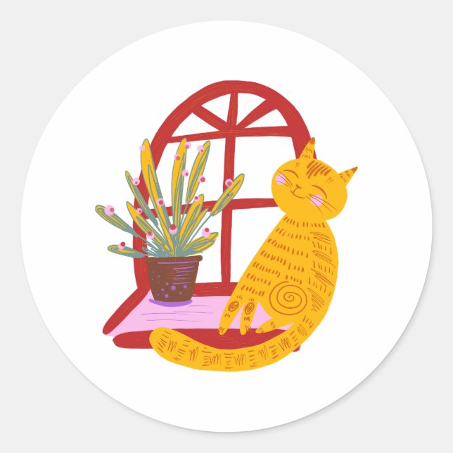 Sticker Rond Kitty oh si heureux, mignon et câliné, (Devant)