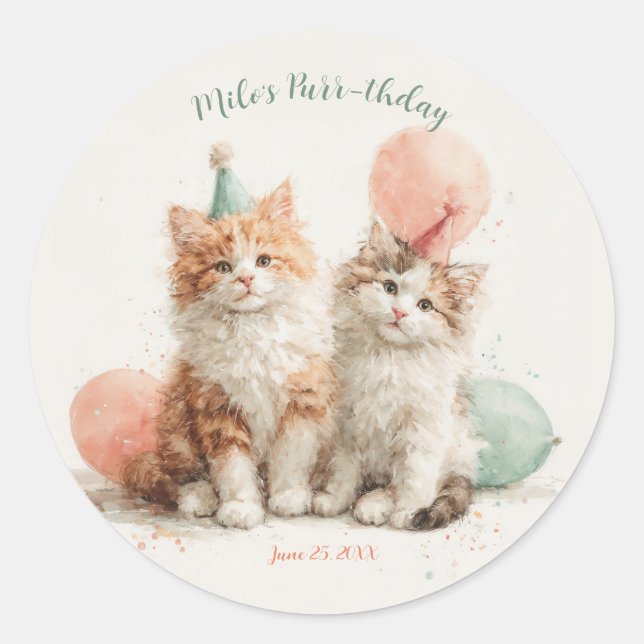 Sticker Rond Kitty Party d'anniversaire Chat Mignon Aquarelle (Devant)