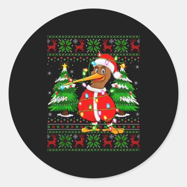 Sticker Rond Kiwi Bird Christmas Lights Santa Costume Ugly Xmas (Devant)