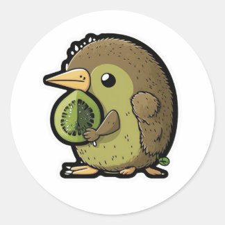 Sticker Rond kiwi oiseau mangeant un kiwi fruit
