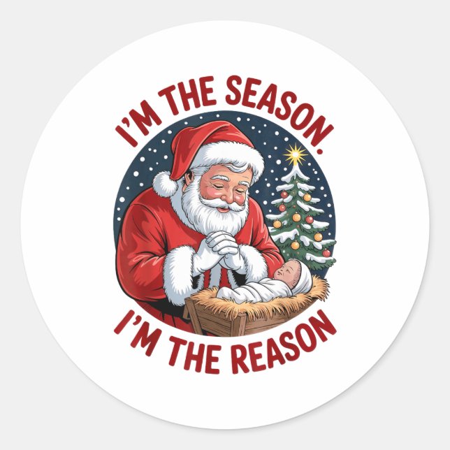 Sticker Rond Kneeling Santa Baby Jesus Christmas I'm Season Rea (Devant)