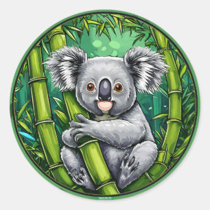 Sticker Rond Koala adorable étreignant une tige de bambou