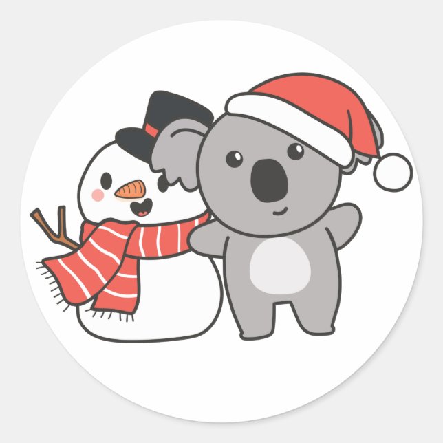 Sticker Rond Koala Avec Snowman En Hiver Pour Noël Classique (Devant)