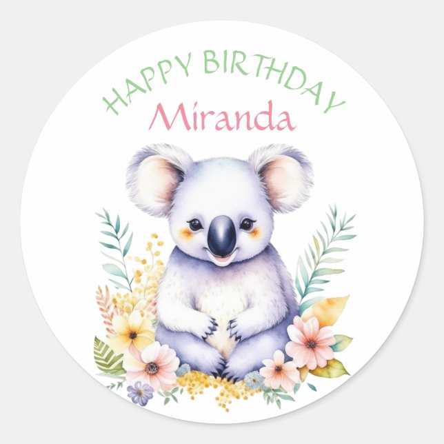 Sticker Rond Koala Bear Joyeux anniversaire de fille à thème (Devant)