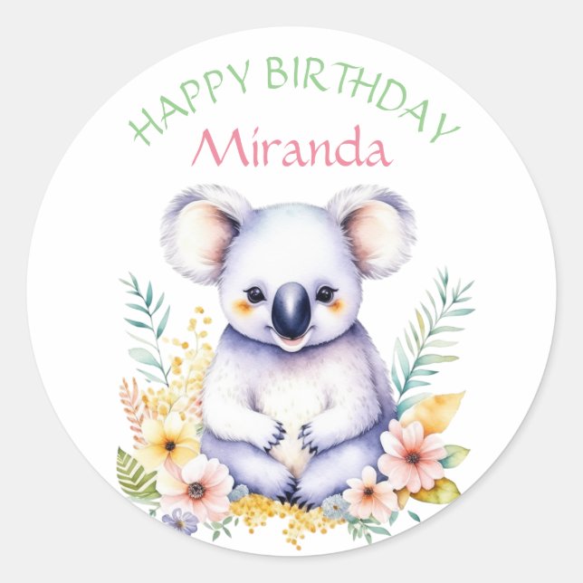 Sticker Rond Koala Bear Joyeux anniversaire de fille à thème (Devant)
