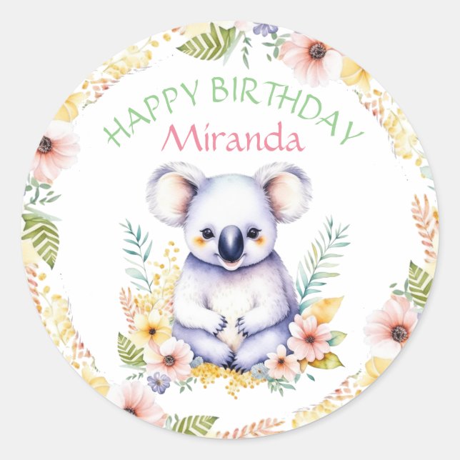 Sticker Rond Koala Bear Thème Anniversaire Personnalisé (Devant)