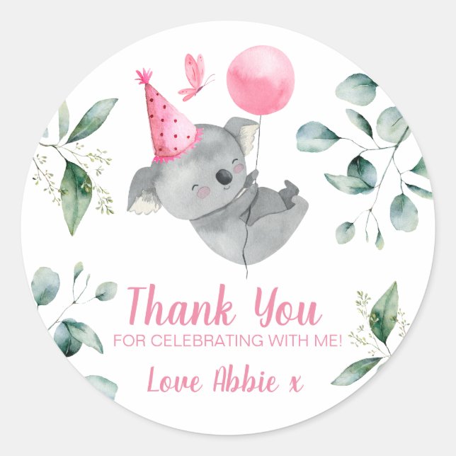 Sticker Rond Koala Girl rose Anniversaire Favoriser (Devant)