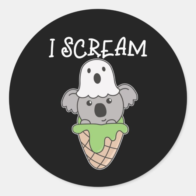 Sticker Rond Koala Halloween Ghost I Scream Ice Cream Pun (Devant)