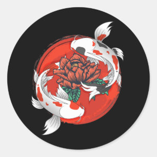 Sticker Rond Koi Fish Water Lily Art japonais