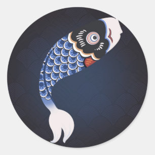 Sticker Rond Koinobori - drapeau japonais bleu de poissons