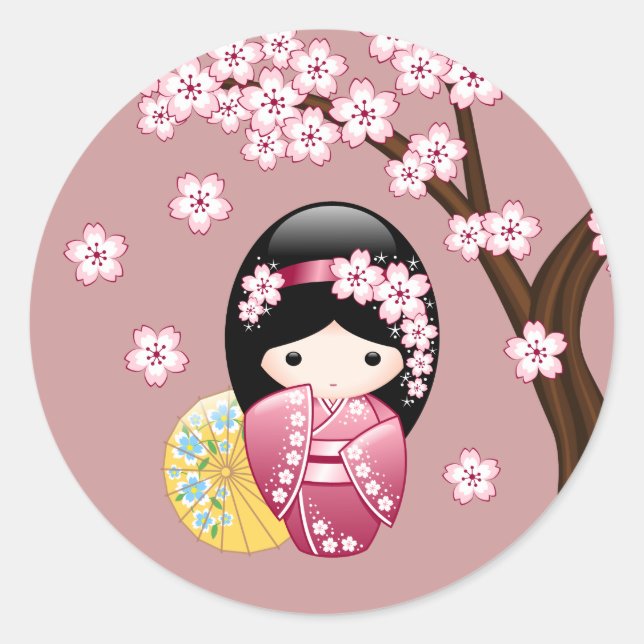 Sticker Rond Kokeshi Doll mignonne Geisha japonais en rose (Devant)