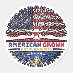 Sticker Rond Kosovo Kosovar American USA Tree Roots Flag
