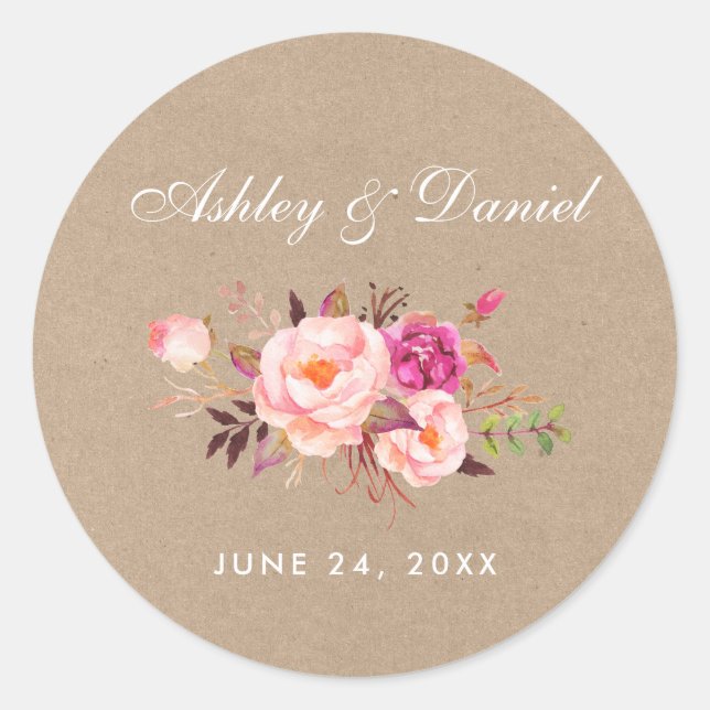 Sticker Rond Kraft Aquarelle rose Blush FlorMariage (Devant)