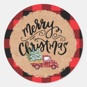 Sticker Rond Kraft Buffalo Carreaux Script Noël Fêtes Camion