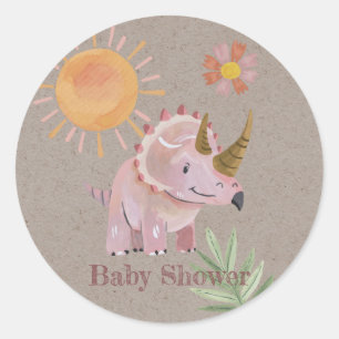 Sticker Rond Kraft Dinosaure Rose Peint Baby shower fille