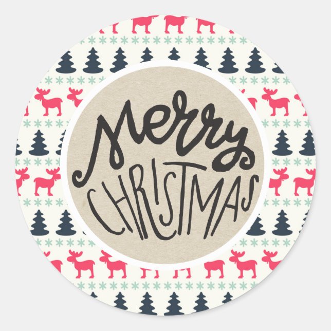 Sticker Rond Kraft Rustique Vacances Noël Cerf Arbre de Noël (Devant)