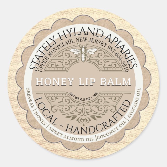 Sticker Rond Kraft Scallop French Filagreement Honeybee Lip Bal (Devant)