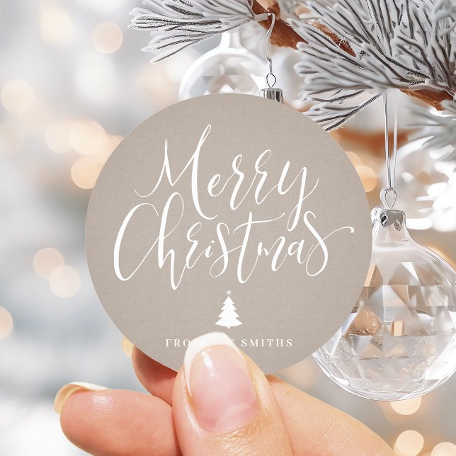 Sticker Rond Kraft Simple Calligraphie Joyeux Noël (Kraft Simple Calligraphy Merry Christmas Classic Round Sticker)