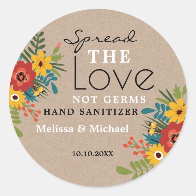Sticker Rond Kraft Spread Love Main Sanitizer Floral Mariage (Devant)