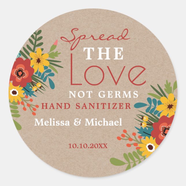 Sticker Rond Kraft Spread Love Main Sanitizer Floral Mariage (Devant)