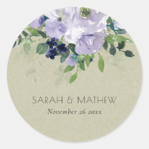 Sticker Rond Kraft Violet Violet Marine Floral Mariage