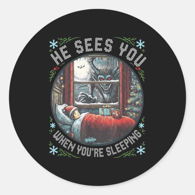 Sticker Rond Krampus He Sees You When You're Sleeng Horror Chri (Devant)