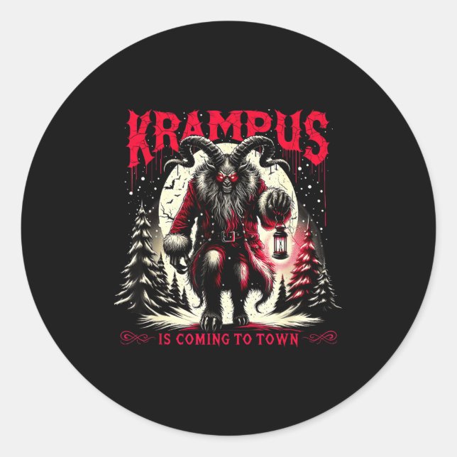 Sticker Rond Krampus Is Coming To Town Dark Christmas Horror Xm (Devant)