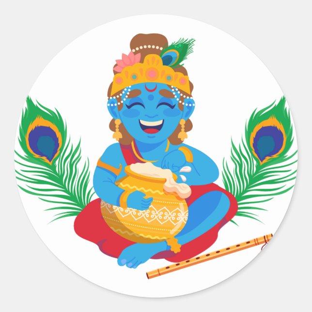 Sticker Rond Krishna avec beurre pot plumes de paon (Devant)