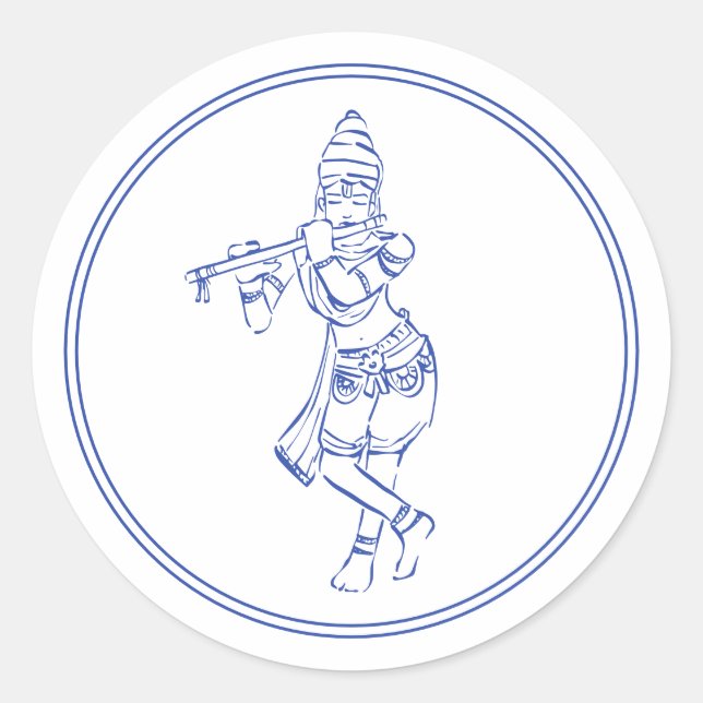 Sticker Rond Krishna jouant de la flûte | Dieu indien (Devant)