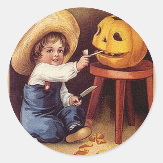 Sticker Rond KRW Vintage Carving le Citrouille Halloween (Devant)
